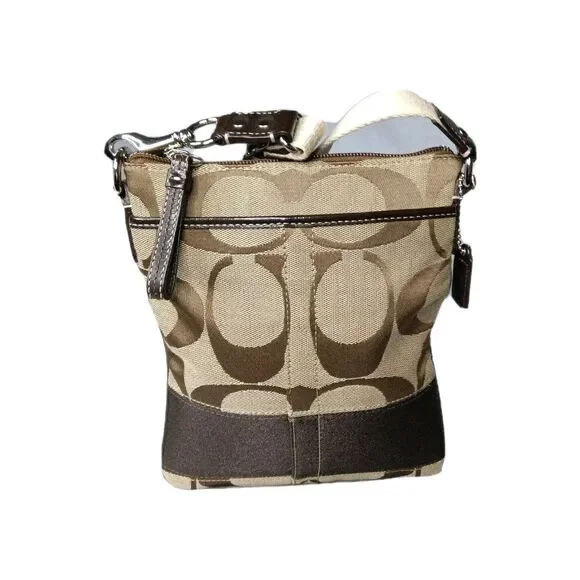 Coach Signature Swingpack Crossbody Khaki Brown Stripe Handbag Purse - Picture 2 of 8